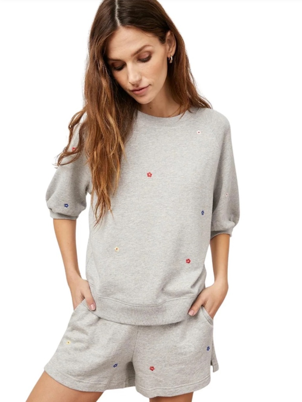 Rails Lia Puff Sleeve Sweatshirt- Heather Grey Embroidered Daisies Large